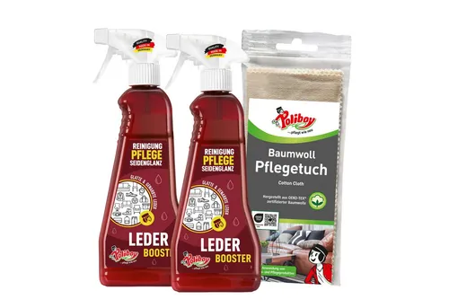 poliboy 99A2301, Leder Booster - 2x375ml - mit Baumwolltuch Lederreiniger (Reinigung und Pflege für Möbel/Kleidung aus Leder - Made in Germany)