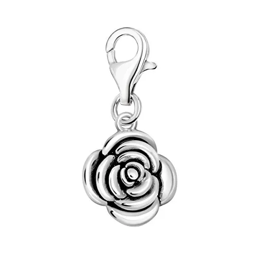 Quiges Charm Anhänger 3D Blume Rose 25 Silber mit Karabinerverschluss für Bettelarmband