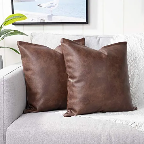 Yaertun 2er Pack Luxus Kunstleder und Baumwolle dekorative Kissenbezug Set Kissenbezüge Sofabezug Schlafzimmer Auto Kissenhülle，18x18inch 45x45cm Braun weiß Kissenbezug
