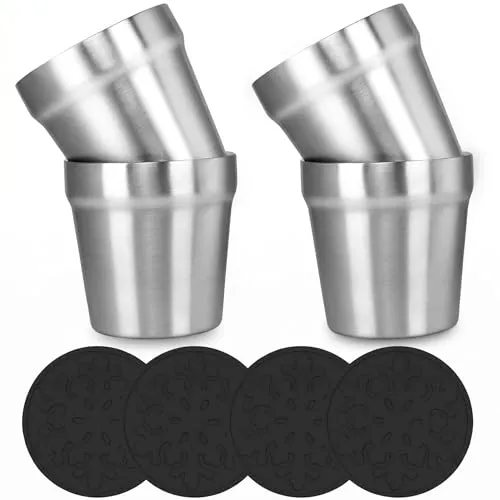 Youda 4er Set Doppelwandige Edelstahl Tassen mit Silikonuntersetzer, Stapelbare Becher für Zuhause Büro Reise Camping, Ideal für Kaffee Tee Bier, Für heiße und kalte Getränke - 175ml