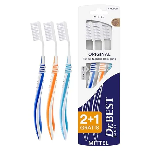 Dr.BEST Original Zahnbürste - Mittel, Vorteilspack - Handzahnbürsten mit Flexzone für sanfte Pflege, abgerundeten Borsten und gummiertem Griff für optimale Kontrolle. Ideal für tägliche Zahnreinigung in gewohnter Dr.BEST Qualität.