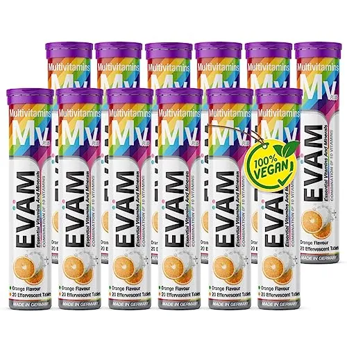 EVÄM Multivitamin Brausetabletten I Geschmack Orange I 12x 20 Stück I Nahrungsergänzungsmittel mit 10 wichtigen Vitaminen für den täglichen Vitaminbedarf I Vegan I Zuckerfrei I Made in Germany