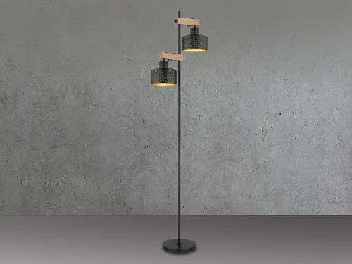 Zweiflammige LED Industrial Holz Stehlampe - Stehlampe im Industrial Design mit zwei schwarz-goldenen Metallschirmen und MDF Holzoptik, inklusive dimmbaren E27 LED-Leuchtmitteln für stimmungsvolles Licht.