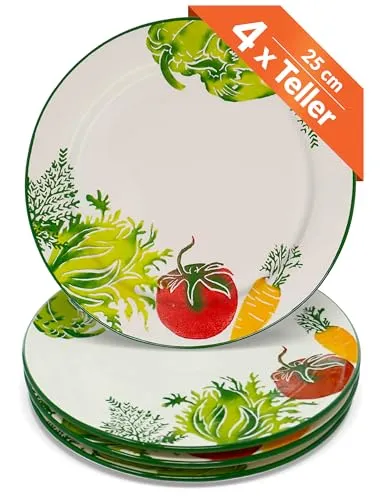 Lashuma Teller Keramik 25 cm Ø, Speiseteller Set 4 Personen, Servierteller bunt Gemüse