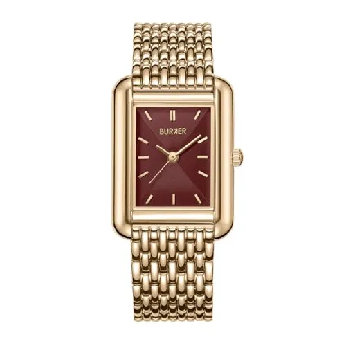 BURKER Damenuhr Olivia, Quadratische Damen Armbanduhr Gliederarmband Edelstahl Analog Quarz 3-ATM Wasserdicht - 29 mm - Gold Burgundy
