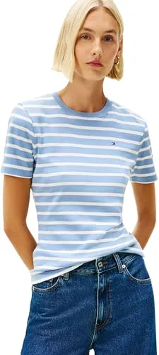Tommy Hilfiger Damen Slim Cody C-NK SS WW0WW40587 S/S T-Shirt, Blau (Clear Water/Ecru STP), L, Blau (Clear Water/Ecru STP), L