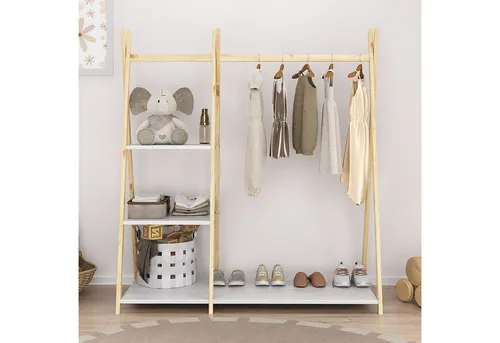IDIMEX Kinderkleiderschrank LOTTE - Freistehender Kleiderschrank aus massivem Kiefernholz für das Kinderzimmer, bietet 4 praktische Ablageböden und ein modernes natur/weißes Design.