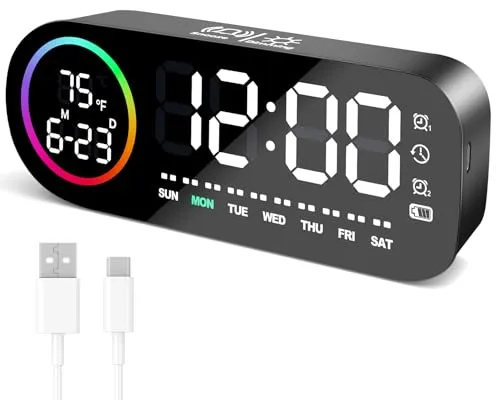 Vinabo Digitaler Wecker mit 7-farbigem Nachtlicht, 4 Helligkeitsstufen, großer LED-Temperaturanzeige, Sprachsteuerung, 12/24 Stunden, USB-Anschluss, Schlummerfunktion, Ausschaltspeicher (Schwarz)