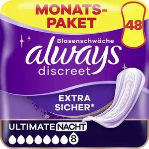 Always Discreet Inkontinenzeinlagen Plus Ultimate Nacht - 48 Binden, starker Schutz und ultra-dünner RapidDry-Kern für höchste Diskretion