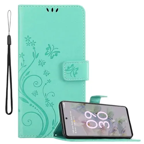 Cadorabo Hülle kompatibel mit Google PIXEL 6A Blumen Design aus Premium Kunst Leder Flip Klappbare Stoßfeste Magnetische [Standfunktion] [Kartenfächern] Cover Case für Google PIXEL 6A Tasche in Türkis