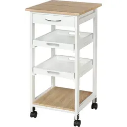 HOMCOM Küchenwagen mit Rollen – Servierwagen mit 2 abnehmbaren Tabletts - Praktischer Küchenwagen auf Rollen aus Kiefernholz in Weiß und heller Eiche, mit 2 abnehmbaren Tabletts, Schublade und Regal für vielseitige Nutzung und einfachen Transport.