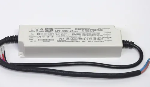 MW LPF-60D-24 - Dimmbare LED-Trafo 60W - Treiber mit festen Anschlussleitungen, dimmbar und ideal für Innen- und Außenanwendungen dank IP67-Schutz. Hohe Effizienz und Überlastschutz für sichere Beleuchtung.