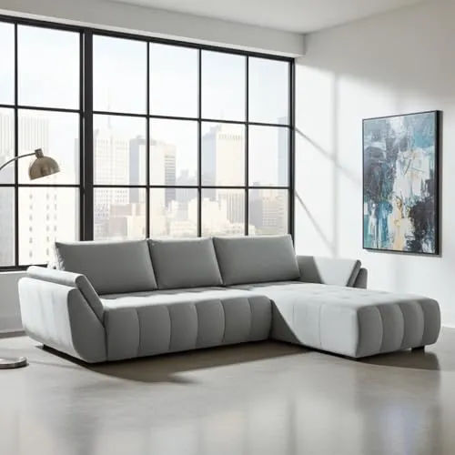 DMSM Faro Ecksofa mit Schlaffunktion, 280x183 cm, Fleckenabweisender Stoff, Bettkasten, Universal L-Form (Grau)