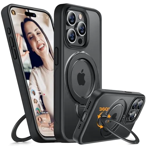 Miracase Hülle für iPhone 15 Pro Max Case 360° Ständer Handyhülle Keine Fingerabdrücke Handyhülle für MagSafe 15 Pro Max 6,7 Zoll Matt Stoßfest Schutzhülle (Schwarz)