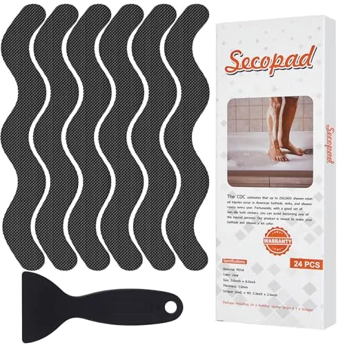 Secopad Anti-Rutsch Aufkleber 24 Stk Sicherheitsstreifen für Badewanne, Klebende Sticker mit Premium Schaber für Badewanne, Dusche, Treppe (Schwarz)