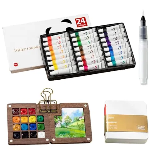 TENGWA Mini Aquarell Set Mini Aquarell Travel Set Skizzenbuch Palette Set 15 Grids mit Binder-Clips Tragbares Holz Malpalette Malkasten mit 24 Mini-Aquarellfarben für Reisen