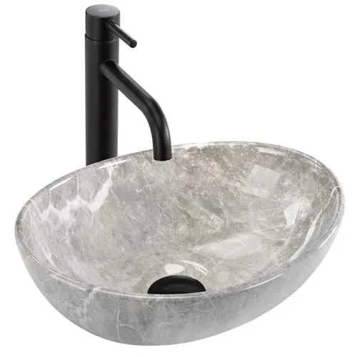 Rea Ovales Aufsatzwaschbecken Sofia Mini Grigio - Waschschalen - Kompaktes Keramikwaschbecken in modernem dunkelgrauem Finish, ideal für kleine Badezimmer und einfache Montage auf der Arbeitsplatte.