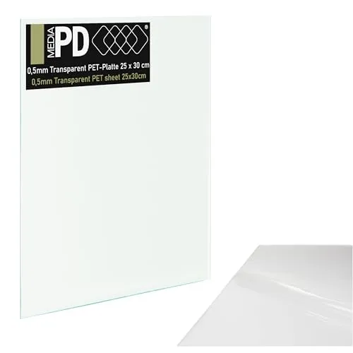 PDmedia PET Platte 25x30cm 0,5 mm dicke Transparent – Flexible Kunststoffplatte für Modellbau & DIY, Transparente Modellbauplatte & Bastelfolie, Zuschneidbar mit Schutzfolie