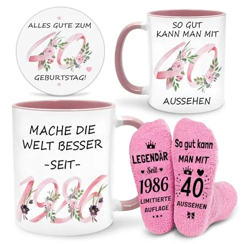 Geschenke zum 40. Geburtstag für Frauen, 1986 Tasse, Socken & Untersetzer
