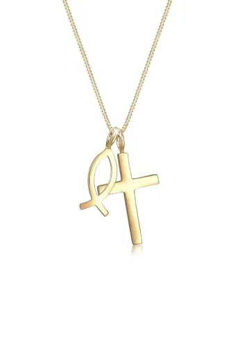 Elli Kette mit Anhänger Kreuz Fisch Symbol - 925 Silber, Gold - Ketten mit Anhänger, handgefertigte 925 Silber Kette mit religiösem Fischsymbol, ideal für Gläubige und als stilvolles Accessoire.
