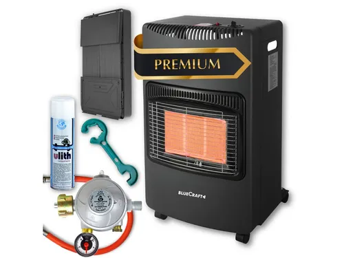 BlueCraft Heizstrahler PREMIUM Gasheizung Gasofen 4200 W Campingheizung Gas-Heizstrahler, 4200 W, 3-Stufen-Regulierung, Kompakt, Mobil, Mit Gasdruckregler + Schlauch