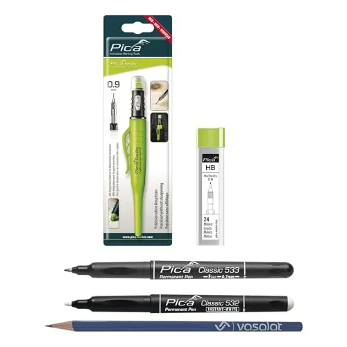 Pica Marker Set - Präzise Zeichenwerkzeuge für Profis - Zimmermannsbleistifte mit Pica Fine Dry 0.9 für feine Markierungen und 24 HB Ersatzminen. Inklusive Permanent Marker für vielseitige Anwendungen auf verschiedenen Oberflächen.