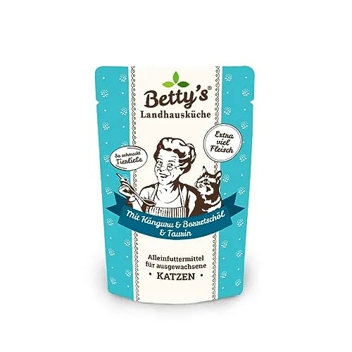 Betty's Landhausküche Frischebeutel Pouches Nassfutter Katze, Känguru mit Borretschöl 100g, getreidefrei, Beste Qualität, hochwertiges Fleisch, schonend gegart, hohe Bioverfügbarkeit