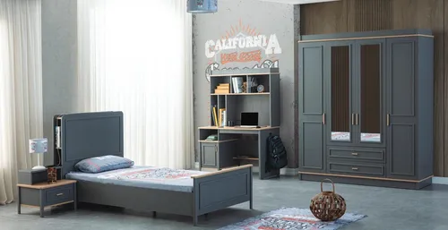 Kinderzimmermöbel Set 4tlg: Bett, Schrank, Nachttisch, Schreibtisch in Grau - Praktisches 4-teiliges Set für das Kinderzimmer, bestehend aus einem Bett, Kleiderschrank, Nachttisch und Schreibtisch. Robuste Holzfurnier-Oberfläche, ideal für Jungen und Mädchen.