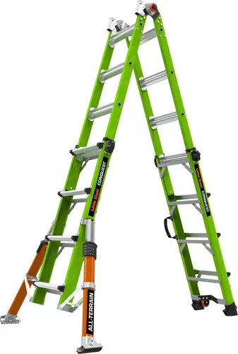 Little Giant® Conquest™ 2.0 Fiberglas Leiter, 4x4 Stufen - Mehrzweckleiter mit 150 kg Tragfähigkeit, ideal für Dachdecker- und Malerarbeiten. Mit seitlich montierten Nivellierern und Tip & Glide™-Rädern für einfachen Transport.