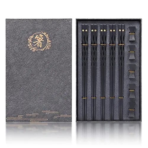 Wiederverwendbare chinesische Essstäbchen aus Legierung mit Ständer, spülmaschinenfest, hochwertiges Essstäbchen-Set (5 Paar)