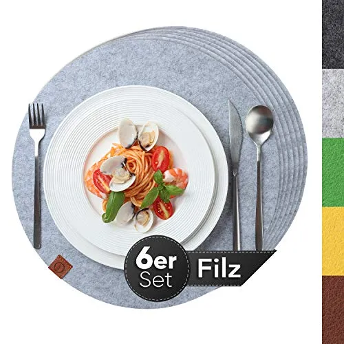 Sidorenko Edles Platzset aus Filz Ø 38cm - 6er Set hellgrau - Tischset Abwischbar Filzuntersetzer - abwaschbare Tischuntersetzer Platzdeckchen - Untersetzer Filzmatte
