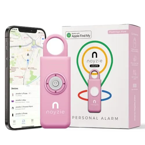 Noyzie Personenalarm für Frauen mit GPS-Tracker – finde geliebte Menschen über Apple „Wo ist?“ App – USB-ladbarer 130dB Sicherheitsalarm, Bluetooth-Schlüsselfinder & Batterieanzeige Rosa GPS