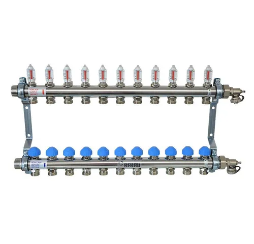 Rehau Heizkreisverteiler HKV-D für 11 Heizkreise - Robuster Verteiler aus Edelstahl für effiziente Anbindung von Heiz- und Kühlkreisen. Mit schallgedämmten Konsolen und integrierten Durchflussmessern für eine einfache Montage und präzise Regelung.