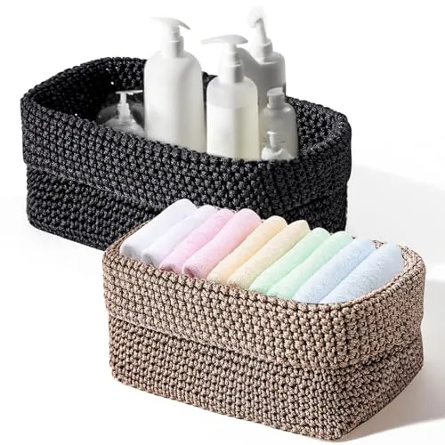 Korb Schwarz,Häkelkorb, Aufbewahrungskorb Schwarz Stapelbarer Gewebter Korb Kosmetik-Organizer, Badezimmer-Organisator, Wickeltisch-Organisator, Badezimmer-Organisators Kleiner Korbs (2 Stück)