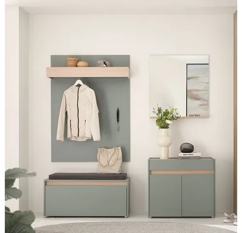 Lomadox Garderoben-Set CRISP-61, (Spar-Set, 4-St., Garderobenpaneel Schuhbank Spiegel Kommode), grün mit Eiche Nb., grifflos, Spiegelfläche