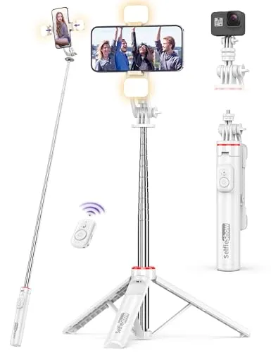 Selfie Stick Stativ mit 2 Fülllicht, 135 cm Erweiterbar SelfieStick mit Abnehmbarer Fernbedienung 360° Drehbarer Tragbar Handyhalterung Stabil Selfie Stange Handy Stativ Kompatibel mit iPhone/Android
