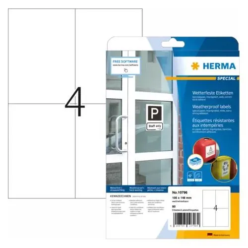 HERMA Wetterfeste Imprägnierte Etiketten A4 - 20 Blatt - Sonstige, wasserfest und ideal für den Außeneinsatz, perfekt für Etikettierungen in feuchten Umgebungen.