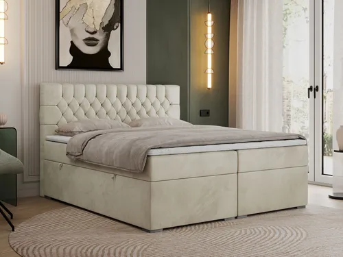 Beige Boxspringbett 200x200 mit Matratze und Topper - PERA - Luxuriöses Boxspringbett mit 7-Zonen-Taschenfederkernmatratzen und praktischem Bettkasten für zusätzlichen Stauraum. Ideal für erholsamen Schlaf und stilvolle Einrichtung.