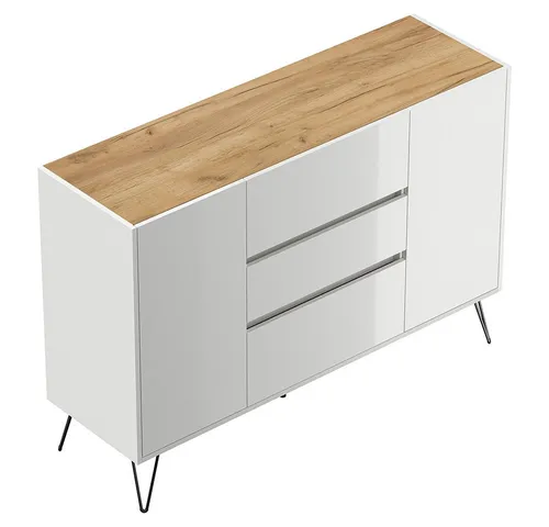 Lomadox Sideboard INDIANAPOLIS-02, 140cm breit, weiß Hochglanz mit Eichee, grifflos