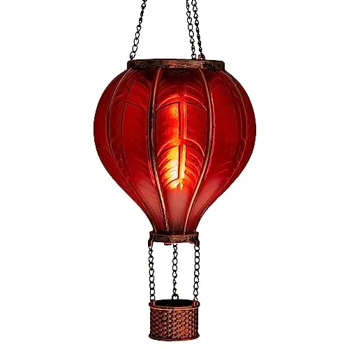 LED Solar Heißluftballon mit Flammeneffekt Beleuchtung | Lampion mit 20 warm-weißen Lichter | Gartenlaterne zum hängen | inkl. Metallkette | Gesamthöhe ca. 40,5 cm (Rot)