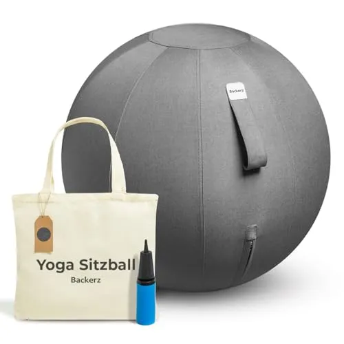 Backerz Sitzball Büro Ergonomisch 55 cm, Ergonomische Sitzmöbel für Büro und Heimbüro, Langlebiger Stoff, Gymnastikball - Fitness-Ball, Ballstuhl mit Ballauflage - Waschbarer Leinenbezug - Dunkelgrau