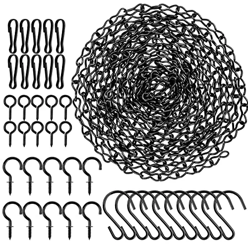 Blumenampel Hängende Ketten, Blumenampel mit Ketten, 156 Zoll Hängeketten mit 10 Haken, 10 Clips, 20 Schraubhaken in Zwei Formen, Schwarz Lackierte Kette für Vogelhäuschen, Pflanzgefäße, Windspiele