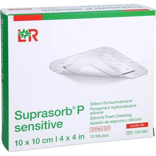 Lohmann & Rauscher Suprasorb P sensitive border lite Silikon-Schaumverband, 10 x 10 cm - Erste-Hilfe-Heftpflaster & Verbandsmaterial, ideal für empfindliche Haut, minimiert Schmerzen und Wundtrauma, bietet effizientes Exsudatmanagement und ist duschfest.