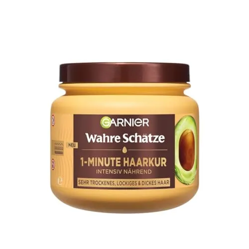 Garnier Wahre Schätze Nährende 1-Minute Haarkur für sehr trockenes und frizzy Haar, Haarmaske mit Avocadoöl und Sheabutter für geschmei ,dickeres Haar, Mit Anti-Frizz-Effekt, Vegane Formel, 340 ml