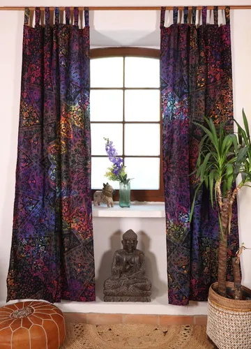 Boho Vorhänge, Gardine (1 Paar ) mit Schlaufen, handbedruckter ethno Style Vor