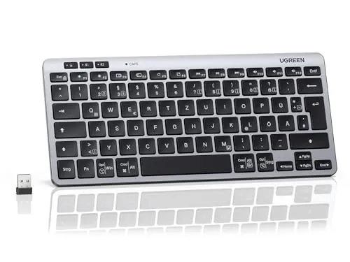 UGREEN Bluetooth Tastatur Kabellos (BT5.3+2.4G), Schlanke Scherenmechanik für Leises Tippen, Bis zu 500 Tage Batterielebensdauer, Kompatibel mit Windows/macOS, Tragbare Mini Tastatur-QWERTZ Layout