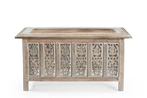 iAnanas Vintage-Couchtisch aus massivem Mangoholz – Handgefertigter Tisch mit geschnitzten Details und weißem Finish