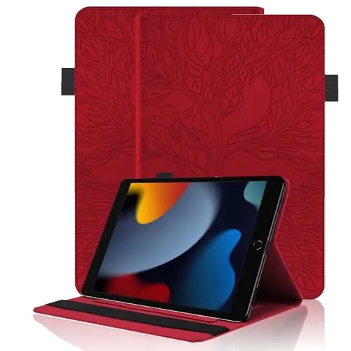 Hülle für iPad 10,2 Zoll 2021/2020/2019 (iPad 9/8/7 Generation) mit Stifthalter PU Leder Schutzhülle Flip Case Cover mit Ständer Kartentasche für iPad Air 3 2019 / iPad Pro 10,5 2017, Rot
