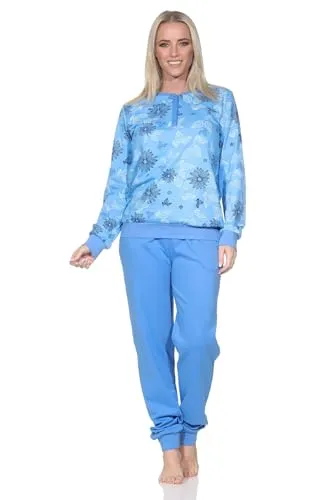 Normann Damen Interlock Schlafanzug lang - Edler Komfort in Blau (Gr. 48-50) - Kuscheliger Langarm-Pyjama aus Interlock-Qualität für warme Nächte. Mit Bündchen für optimalen Sitz und in klassischer Optik erhältlich. Perfekt für Übergrößen und ein angenehmes Tragegefühl.