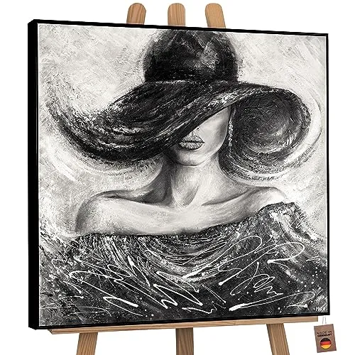YS-Art Abstrakt Acryl Gemälde auf Leinwand Charme handgemalt Wandbild Wohnzimmer modern Wohndekor Bild grau verführerische Frau mit Hut echte Kunst mit Rahmen 100x100 cm
